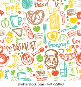 Breakfast seamless pattern with bread, porridge, coffee, eggs and lettering. Can be used for menu, banner,breakfast background and site header. Hand drawn breakfast meal.