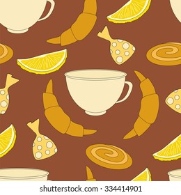 Breakfast. Seamless pattern. Croissants, lemons, sweets, cups.