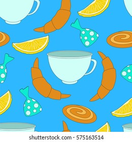 Breakfast seamless pattern. Cups, lemons, croissants. Seamless pattern. Vector illustration.