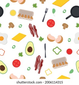 Breakfast seamless pattern. Eggs, avocado, bacon, pepper, sauce, cheese 