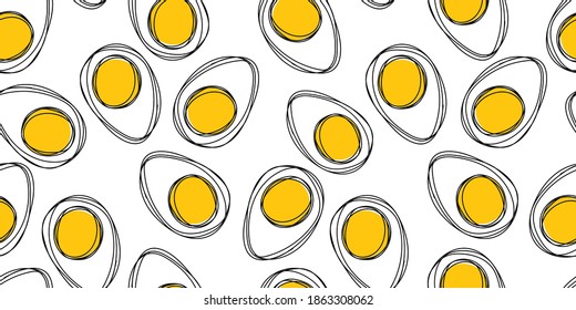 Breakfast Seamless pattern with  eggs. Doodle illustration of boiled eggs on white background. Vector background for textile, scrapbooking, wallpaper design