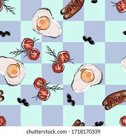  breakfast seamless pattern with  eggs, tomatoes and olives. checkered background.