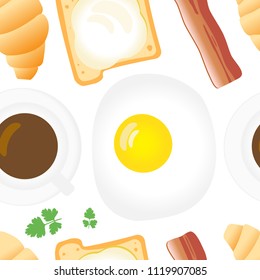 Breakfast Seamless Pattern in Flat Cartoon Style. Fried Eggs, Bacon, Parsley, Coffee, Croissants, Bread and Butter on White Background