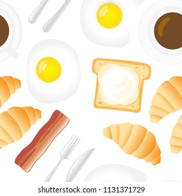 Breakfast Seamless Pattern in Flat Cartoon Style. Fried Eggs, Bacon, Coffee, Croissants, Bread and Butter on White Background