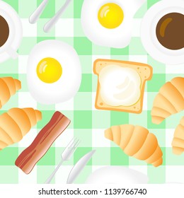 Breakfast Seamless Pattern in Flat Cartoon Style. Fried Eggs, Bacon, Coffee, Croissants, Bread and Butter on Gingham Background