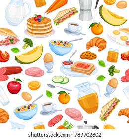 Breakfast Seamless Pattern Food Design Vector. Jug of Milk, Coffee Pot, Cup, Fruits and Vegetables. Baking, Orange Juice, Sandwich and Fried Eggs. Pancakes and Toast with Jam.