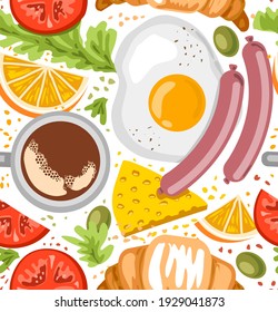 Breakfast seamless pattern. Food set. Plate with fried Egg, tomato, salad, sausage, croissant, olives, cheese, coffee mug, orange. Top view mornimg meal. Vector illustration