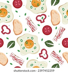 breakfast seamless pattern with a fried egg, a piece of bread, greens and tomato slices on a white background