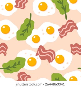 Breakfast seamless pattern with fried eggs, bacon and salad. Great design for any purposes. Hand drawn vector illustration.



