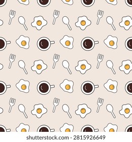 breakfast seamless pattern with fried eggs, coffee cups, spoons and forks on beige background