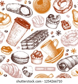 Breakfast seamless pattern. Hand drawn coffee and pastries illustrations. Fast food sketches in engraved style.  Vector cafe or bakery design. Vintage hot drinks and desserts background.