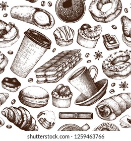 Breakfast seamless pattern. Hand drawn coffee and pastries illustrations. Fast food sketches in engraved style.  Vector cafe or bakery design. Vintage hot drinks and desserts background.