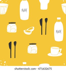 Breakfast seamless pattern. Hand drawn cartoon background made of morning food. Perfect for kitchen items 