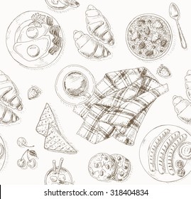 Breakfast seamless pattern. Healthy food. Vintage hand drawn vector background.