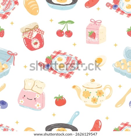 Breakfast Seamless Pattern, Kawaii Food Picnic Eggs Toast Milk Bacon Jam Strawberry Cute Pastel Digital Paper Design