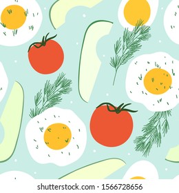 Breakfast seamless pattern for print, textile, fabric. Modern food illustration background. Eggs with tomatos good morning meal.