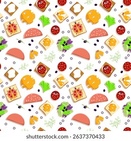 Breakfast. Seamless pattern with slices of white and rye bread, sandwiches, butter, cheese, boiled sausage, salami, green salad, dill, Radicchio lettuce, black olives. Fast food, snacks.