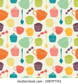Breakfast seamless pattern with tea, pancakes, candies and coffee. Flat style background. Used for wallpaper, pattern fills,web page background, surface textures.