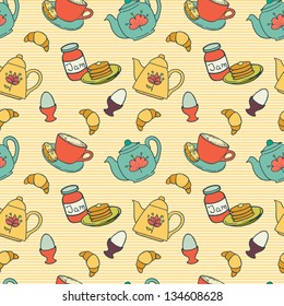 Breakfast seamless pattern with tea pots, pancakes, jam, eggs, croissants, and coffee on striped background. Vector illustration.