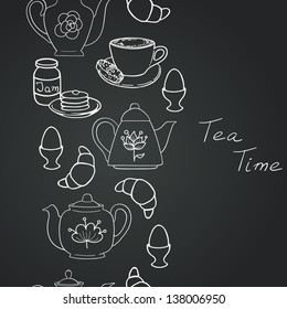 Breakfast seamless pattern with tea pots, pancakes, jam, eggs, croissants, and coffee on chalkboard background. Hand drawn vector illustration.
