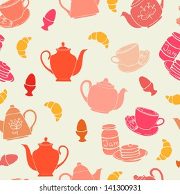 Breakfast seamless pattern with tea pots, pancakes, jam, eggs, croissants, and coffee. Vector illustration.