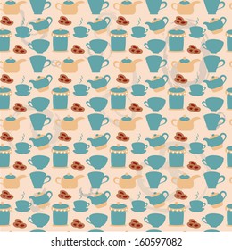 Breakfast seamless pattern with tea pots, cups and cakes. Hand drawn vector illustration.