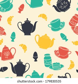 Breakfast seamless pattern with tea pots, pancakes, jam, eggs, croissants, and coffee. Flat style background.