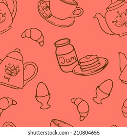 Breakfast seamless pattern with tea pots, pancakes, jam, eggs, croissants and coffee. Hand drawn tiling background.