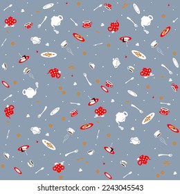 Breakfast. Seamless pattern of tea set dishes, chocolate cake, cookies, sugar, coffee cup, tea cup, croissant on a gray background