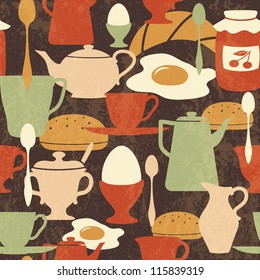 Breakfast seamless pattern with traditional food and drinks