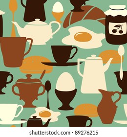 Breakfast seamless pattern with traditional food and drinks.