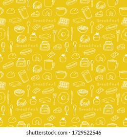 Breakfast seamless pattern, vector illustration, coffee, tea, sandwich, hot dog, jam, bread, butter, waffle, cake, scrambled eggs, cheese, cereal, egg, spoons, fork and knife, hand drawing, yellow