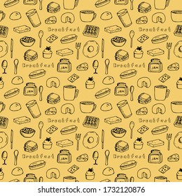 Breakfast seamless pattern, vector illustration, coffee, tea, sandwich, hot dog, jam, bread, butter, waffle, cake, scrambled eggs, cheese, cereal, egg, spoons, fork and knife, hand drawing, beige