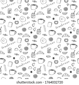 Breakfast seamless pattern, vector illustration, fried eggs, basil, orange, tomato, croissant, mushroom, potato, juice, raspberry, pancake, jam, sausage and coffee, hand drawing