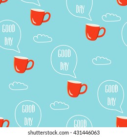 Breakfast seamless pattern. Vector illustration with text clouds and cups of coffee