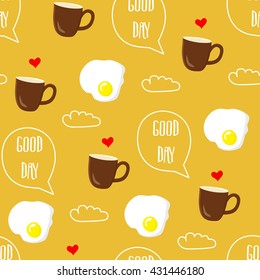 Breakfast seamless pattern.  Vector illustration with text clouds, eggs and cups of tea