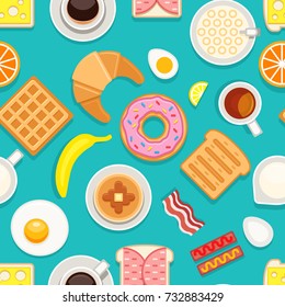 Breakfast seamless texture. Different meals and drinks colored on blue background. Vector cartoon style illustration breakfast food, coffee drink and dessert cake