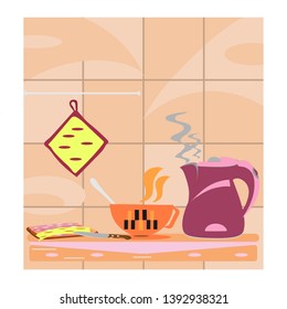Breakfast is served in the kitchen with a sandwich and steaming coffee.
