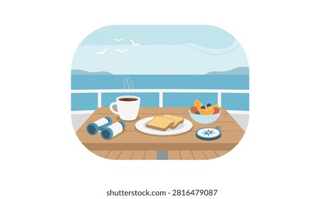 Breakfast served on a wooden table with binoculars and a compass overlooking the blue ocean from a ship deck on a sunny day.