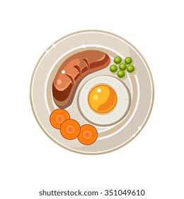 Breakfast Serving with a Fried Egg and Sausage. Colourful Vector Illustration