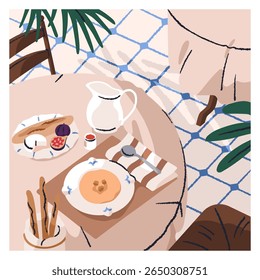Café da manhã servindo na mesa de jantar do restaurante com toalha de mesa. Refeição matinal acolhedora com mingau de aveia, cereal de aveia, pão, fruta, jarro no terraço ladrilhado. Brunch estético, comida. Ilustração de vetor plano