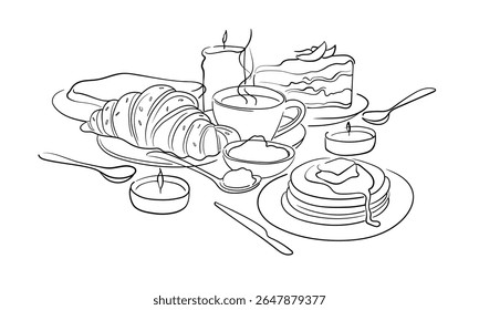 Breakfast serving outline.Croissant and coffee with a piece of cake, drawn in one line style. Pancakes with jam. Breakfast theme with lineart sauce and coffee. Vector illustration