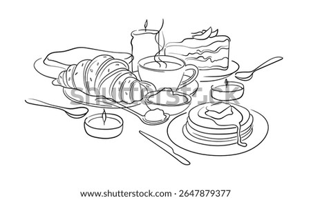Breakfast serving outline.Croissant and coffee with a piece of cake, drawn in one line style. Pancakes with jam. Breakfast theme with lineart sauce and coffee. Vector illustration