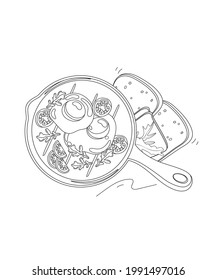 Breakfast serving in pan, bread, fried eggs, tomatoes sliced vegetables vector illustration for coloring book page
