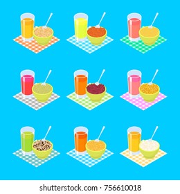 Breakfast Set 2. Porridge and fruit juice. Healthy food. Vector illustration
