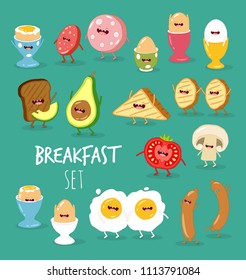 Breakfast set, avocado, eggs, toast, sausages, tomato, mushroom. English breakfast, American breakfast. Comic characters. Use for card, poster, banner, web design and print on t-shirt. Easy to edit.