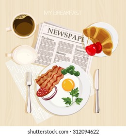 Frühstück mit Speck und Eiern, Petersilie, grüne Bohnen, Kirsche, Kaffee, Milch, französisches Croissant und Zeitung. Draufsicht. Mahlzeit.