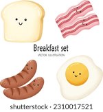 Breakfast set bread bacons sausages and fried egg 