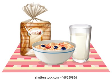 Breakfast set with bread and cereal illustration