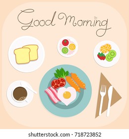 Breakfast set with bread, egg, coffee on a table flat design. Vector illustration.